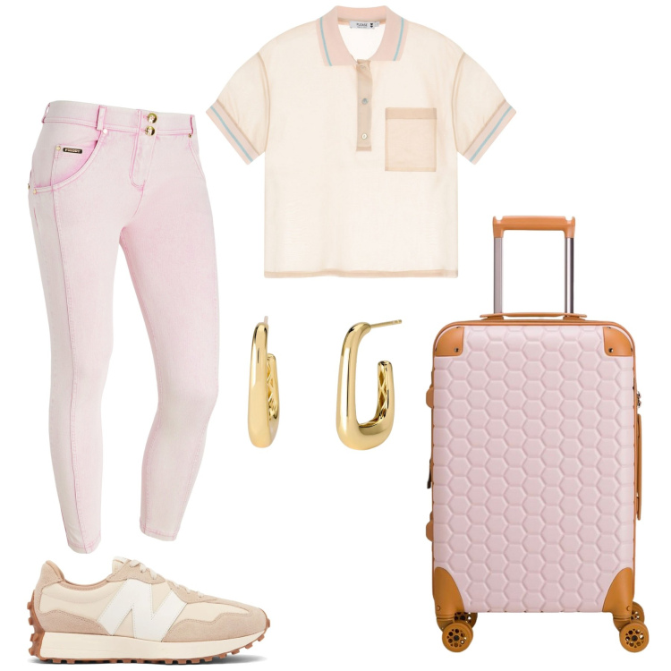 Outfit donna - Total look #2095847. Stile Casual chic per Tutti i giorni. Abbinamento con orecchini, sneakers, polo, jeans skinny, valigie.