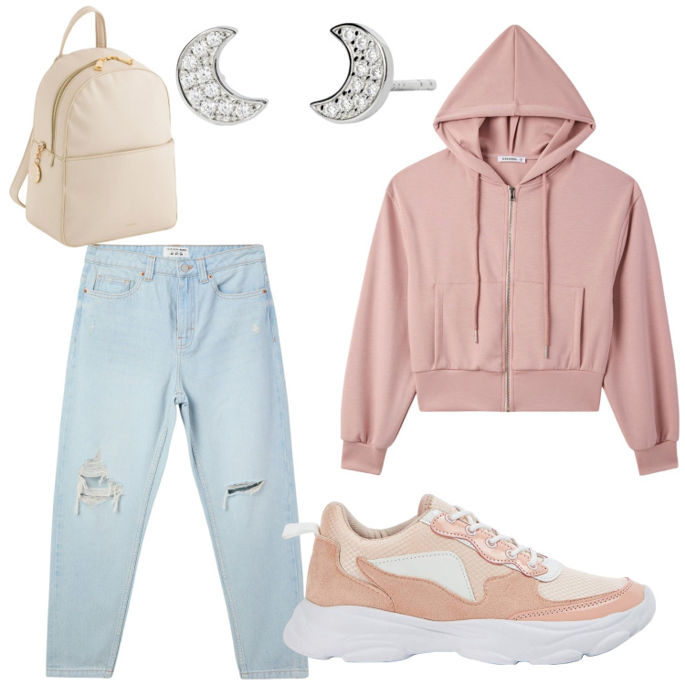 Outfit donna - Total look #2095848. Stile Casual per Scuola/Università. Abbinamento con felpe con cappuccio, sneakers, jeans mom, orecchini, zaini.