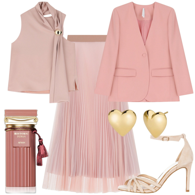 Outfit donna - Rosa pastello cerimonia di primavera. Stile Romantica per Cerimonia. Abbinamento con profumi, orecchini, sandali col tacco, gonne lunghe, blazer, top.