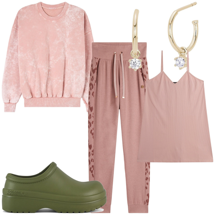 Outfit donna - Rosa pastello comoda. Stile Casual chic per Tutti i giorni. Abbinamento con felpe, orecchini, pantaloni, vestiti corti, sandali.