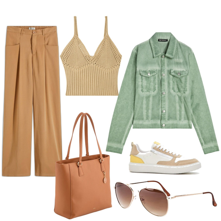 Outfit donna - Toni naturali low cost. Stile Casual per Tutti i giorni. Abbinamento con sneakers, occhiali da sole, pantaloni a palazzo, top, blazer, shopping bag.