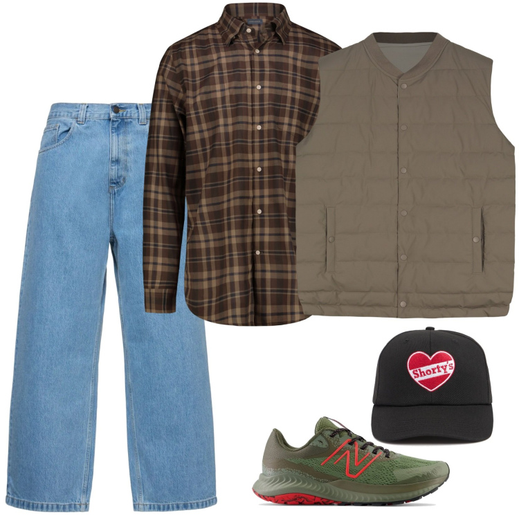 Outfit uomo - Total look #2095861. Stile Casual per Tutti i giorni. Abbinamento con sneakers, gilet, jeans, cappelli, camicie.