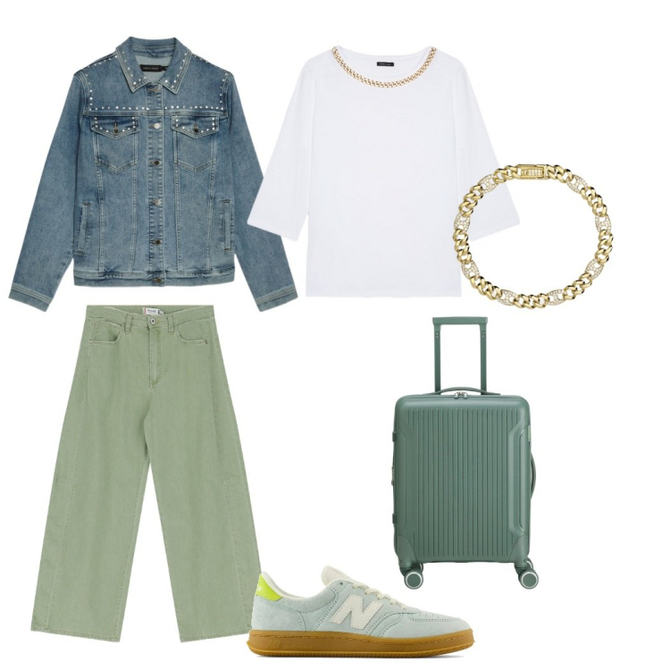 Outfit donna - A tutto colore. Stile Urban per Tutti i giorni. Abbinamento con braccialetti, sneakers, pantaloni a palazzo, t-shirt, blazer, valigie.