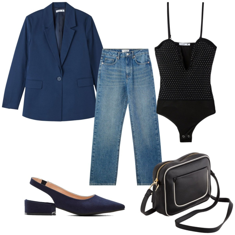 Outfit donna - Total look #2095869. Stile Trendy per Tutti i giorni. Abbinamento con décolleté, body, blazer, jeans dritti, borse a tracolla.