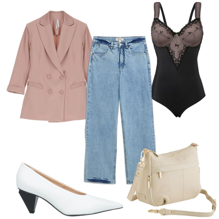 Outfit donna - Total look #2095874. Stile Trendy per Tutti i giorni. Abbinamento con body, jeans, décolleté, blazer, borse a tracolla.
