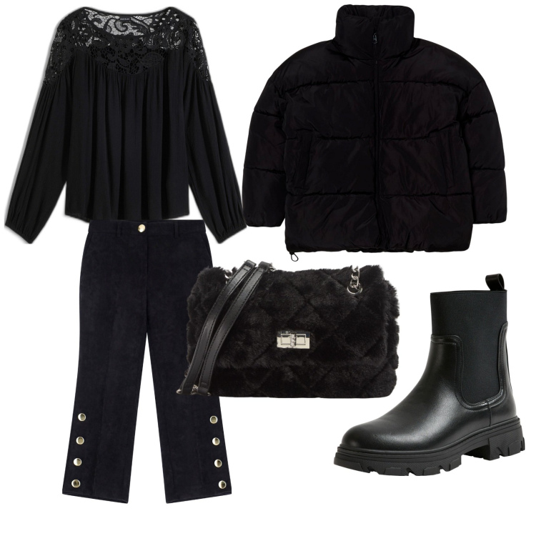 Outfit donna - Total black. Stile Basic per Tutti i giorni. Abbinamento con tuniche, blazer, borse a spalla, stivaletti chelsea, pantaloni.