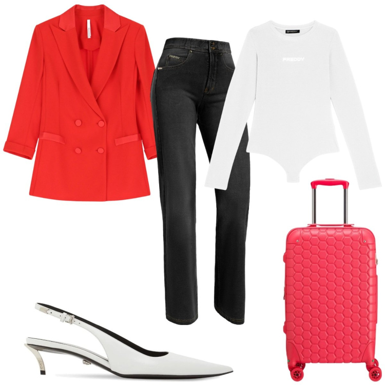 Outfit donna - Total look #2095887. Stile Trendy per Tutti i giorni. Abbinamento con blazer, body, jeans, décolleté, valigie.