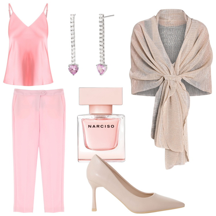 Outfit donna - Bella in rosa. Stile Glamour per Tutti i giorni. Abbinamento con profumi, orecchini, stole, top, pantaloni, décolleté.