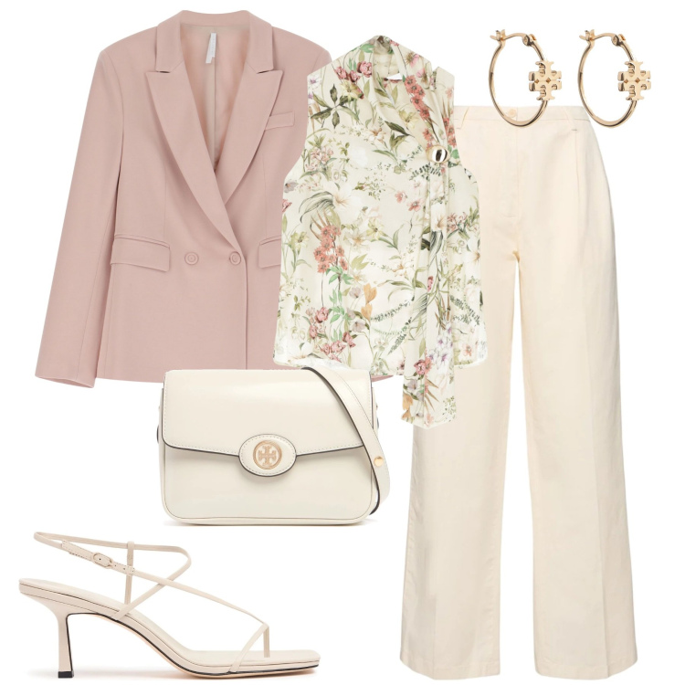 Outfit donna - Cerimonia di primavera. Stile Chic per Cerimonia. Abbinamento con blazer, top, pantaloni, sandali in pelle, borse a spalla, orecchini.