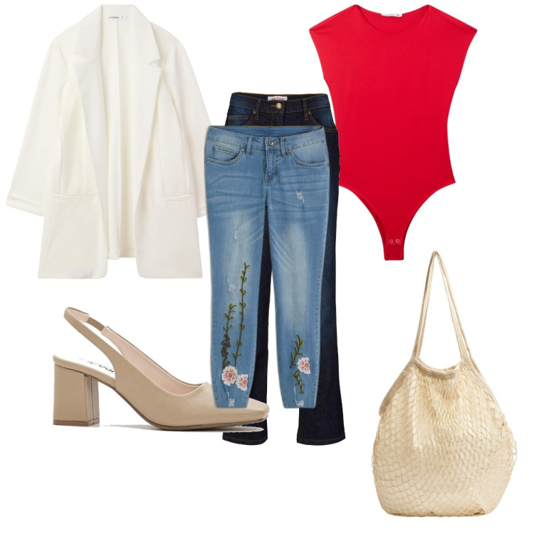 Outfit donna - Total look #2095896. Stile Trendy per Tutti i giorni. Abbinamento con jeans dritti, jeans, décolleté, body, borse a tracolla, blazer.