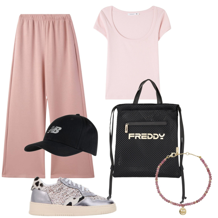Outfit donna - Sporty chic in rosa. Stile Sporty chic per Sport. Abbinamento con t-shirt, pantaloni, braccialetti, cappelli con visiera, sneakers, zaini.