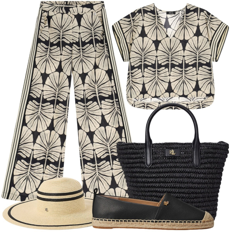 Outfit donna - Siviglia!. Stile Casual chic per Tutti i giorni. Abbinamento con espadrillas, borse tote, cappelli, pantaloni a palazzo, t-shirt.