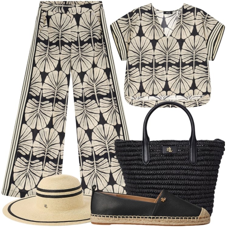 Outfit donna - Siviglia!. Stile Casual chic per Tutti i giorni. Abbinamento con pantaloni a palazzo, t-shirt, espadrillas, borse tote, cappelli.