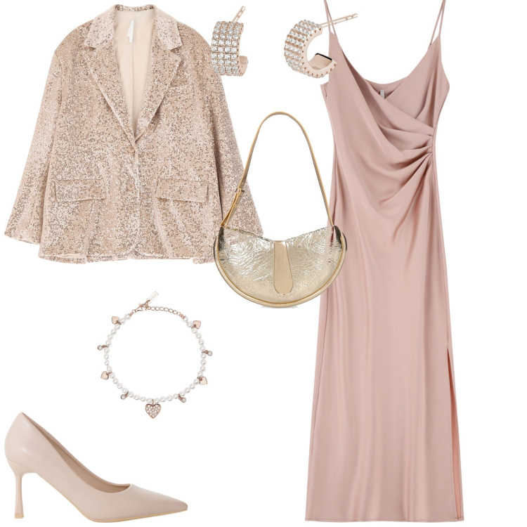 Outfit donna - Serata evento glamour. Stile Romantica per Serata fuori. Abbinamento con braccialetti, orecchini, vestiti midi/longuette, décolleté, blazer, borse a spalla.