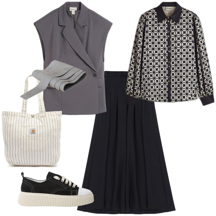 Outfit donna - A lavoro con comodità. per Ufficio. Abbinamento con gilet, bluse, pantaloni, cinture, sneakers, borse tote.
