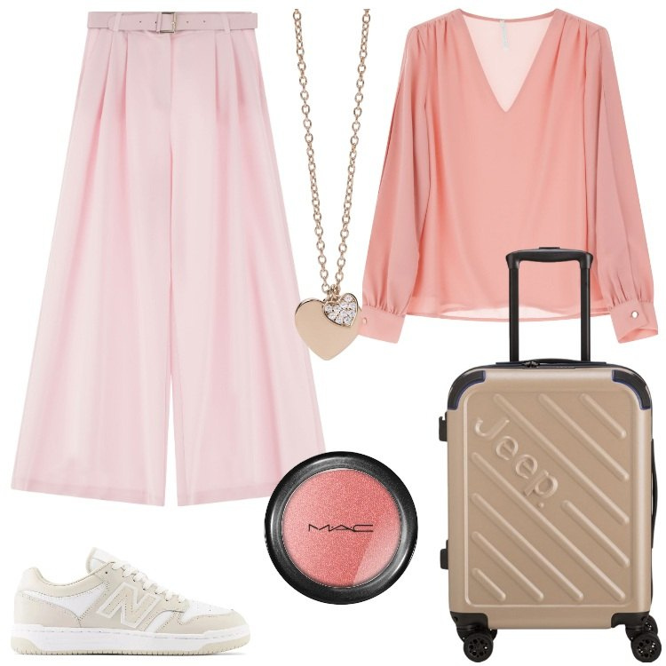 Outfit donna - Minimal chic in rosa. Stile Minimal per Tutti i giorni. Abbinamento con blush, ciondoli, sneakers, pantaloni a palazzo, camicie, valigie.
