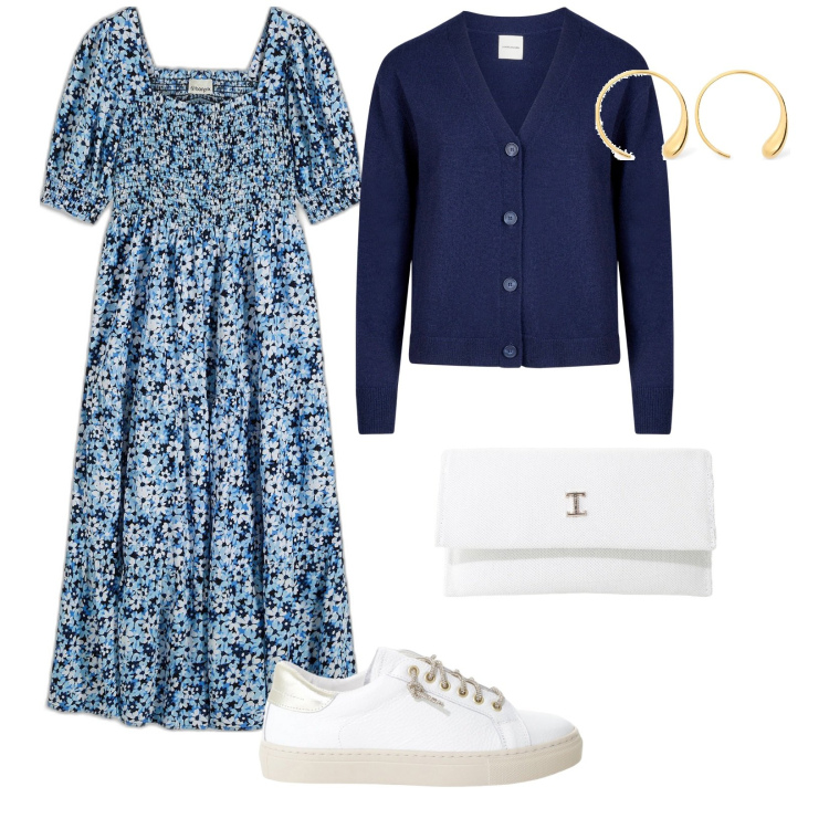 Outfit donna - Passeggiata con la mia bimba. per Tutti i giorni. Abbinamento con vestiti midi/longuette, borse a tracolla, sneakers, cardigans, orecchini.