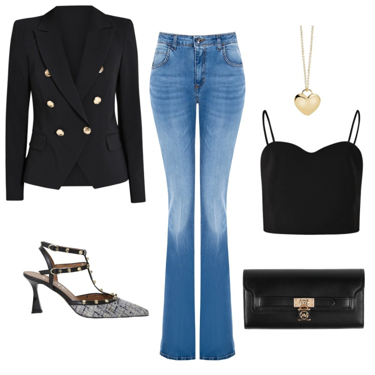 Outfit donna - Aperitivo con le amiche. Stile Casual chic per Serata fuori. Abbinamento con portafogli, collane, blazer, top, jeans a zampa, décolleté.