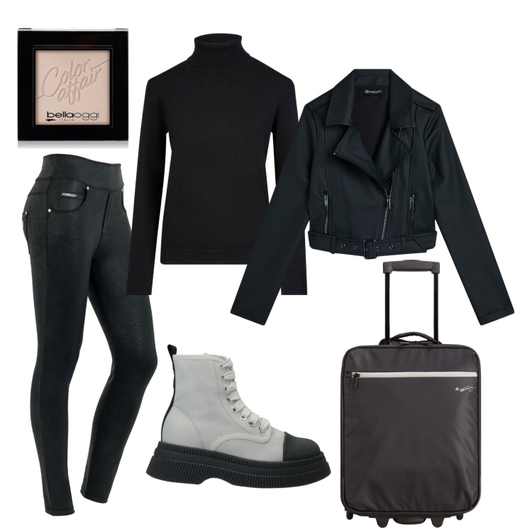 Outfit donna - Total look #2095931. Stile Trendy per Tutti i giorni. Abbinamento con stivaletti, ombretti, jeans skinny, giacche, maglieria, valigie.
