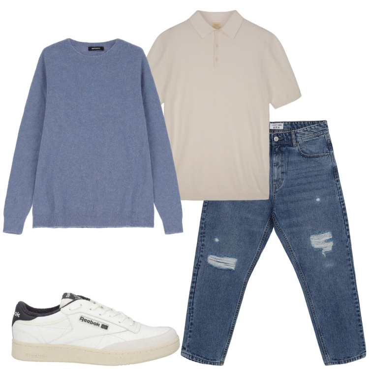 Outfit uomo - Total look #2095936. Stile Casual per Tutti i giorni. Abbinamento con sneakers, jeans strappati, maglieria, polo.