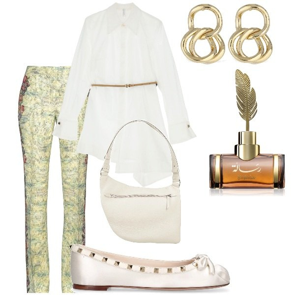 Outfit donna - Serata fuori. Stile Glamour per Serata fuori. Abbinamento con borse a tracolla, pantaloni, profumi, camicie, orecchini, ballerine.