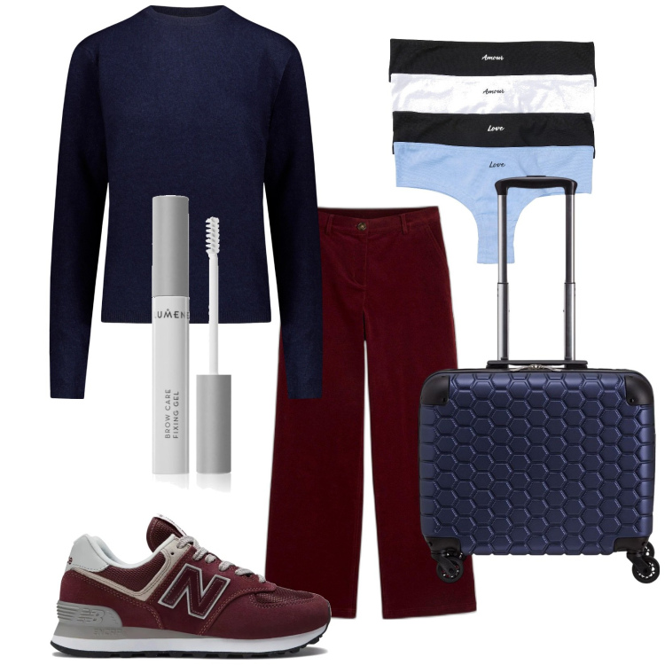 Outfit donna - Solo il necessario. Stile Basic per Tutti i giorni. Abbinamento con pantaloni, culotte, mascara, sneakers, maglieria, valigie.
