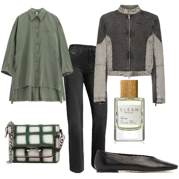 Outfit donna - A spasso per la città. Stile Trendy per Tutti i giorni. Abbinamento con borse a tracolla, profumi, camicie, jeans, ballerine, blazer.