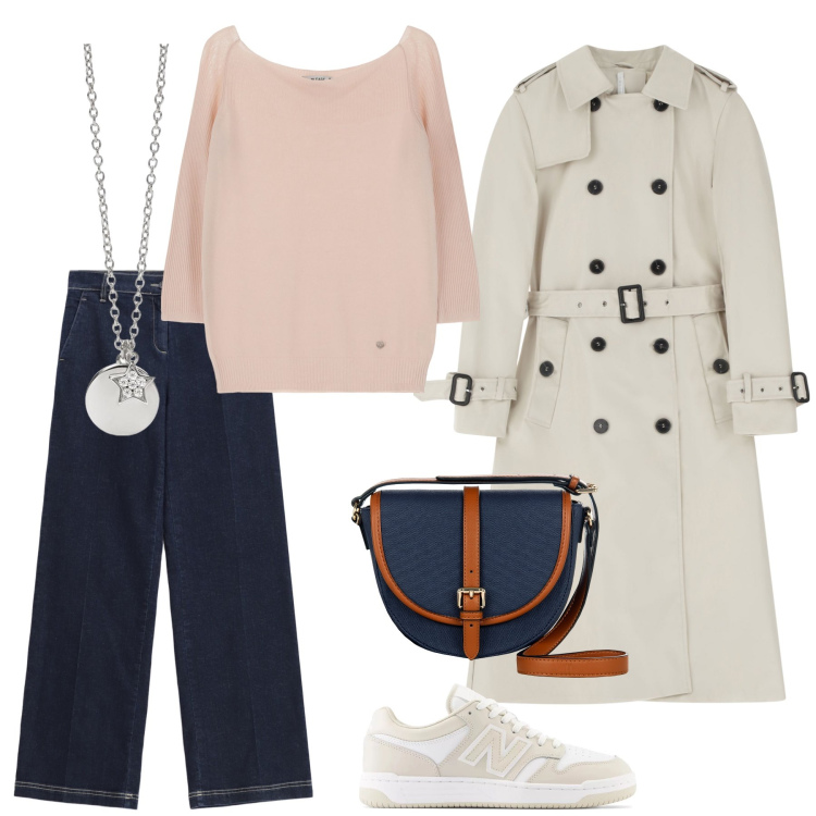 Outfit donna - Il trench di primavera. Stile Basic per Tutti i giorni. look ideale per Tall. Abbinamento con trench, ciondoli, sneakers, borse a tracolla, pullovers, jeans dritti.