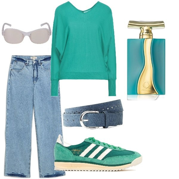 Outfit donna - A spasso per la città. Stile Trendy per Tutti i giorni. Abbinamento con cinture, jeans, pullovers, profumi, occhiali da sole, sneakers.