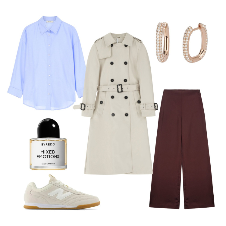 Outfit donna - City tour. Abbinamento con profumi, orecchini, sneakers, trench, camicie, pantaloni a palazzo.
