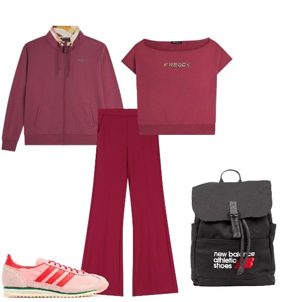 Outfit donna - A spasso per la città. Stile Sporty chic per Tutti i giorni. Abbinamento con zaini, pantaloni, felpe, t-shirt, sneakers.