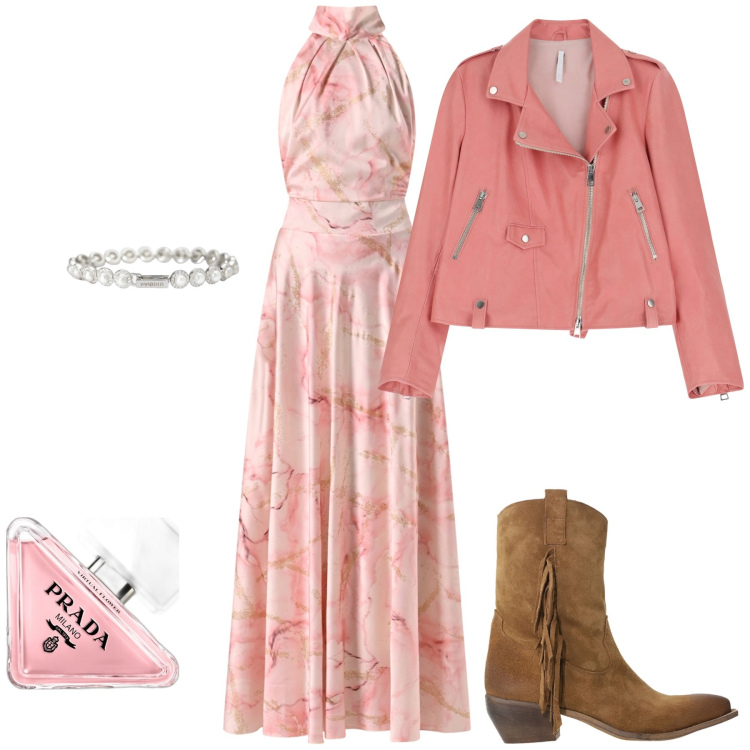 Outfit donna - Essenza Rosa. Stile Romantica per Serata fuori. Abbinamento con profumi, braccialetti, vestiti, giacche, stivali.