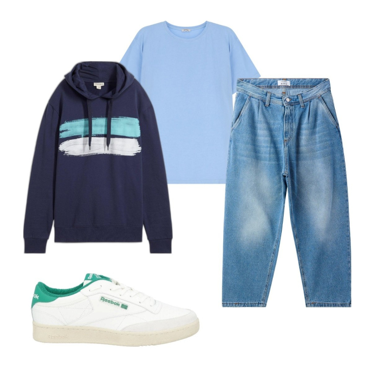 Outfit uomo - Total look #2095971. Stile Casual per Tutti i giorni. Abbinamento con felpe con cappuccio, sneakers, jeans, t-shirt.