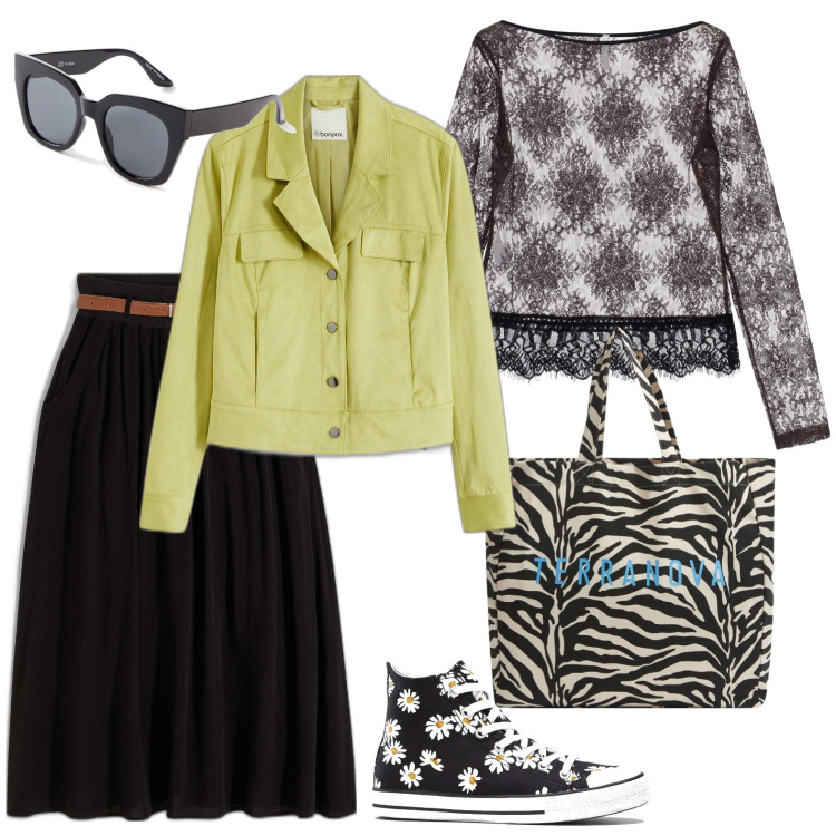 Outfit donna - Passeggiata al parco. Stile Casual per Tutti i giorni. Abbinamento con gonne lunghe, sneakers alte, blazer, occhiali da sole, borse tote, top.