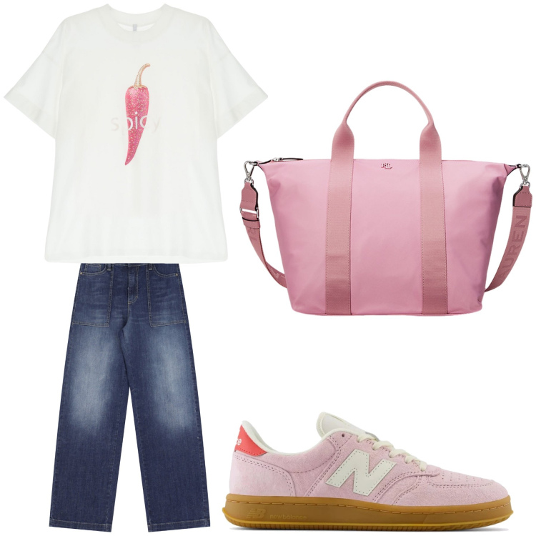 Outfit donna - Aperitivo. Stile Trendy per Tutti i giorni. Abbinamento con sneakers, jeans, t-shirt, borse tote.