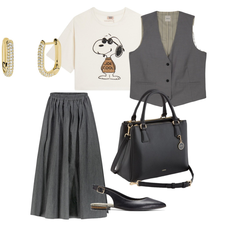 Outfit donna - A lavoro. per Scuola/Università. Abbinamento con ballerine, orecchini, t-shirt, gonne, gilet, borse a mano.