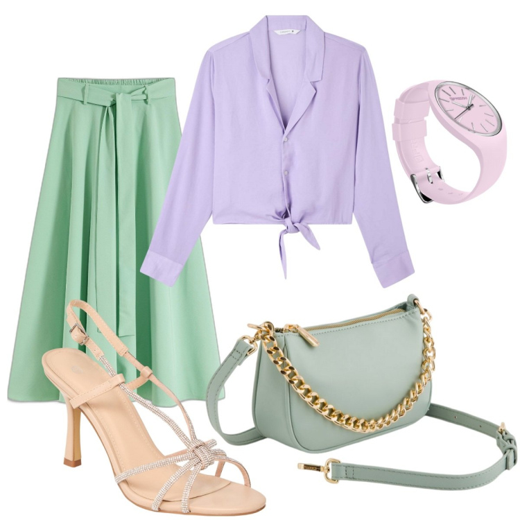Outfit donna - La gonna verde menta. Stile Casual per Tutti i giorni. Abbinamento con gonne lunghe, camicie, sandali col tacco, orologi, borse a tracolla.