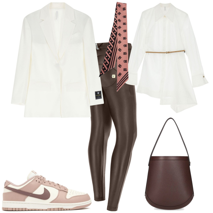 Outfit donna - Bianco e marrone nuova stagione. Stile Sporty chic per Tutti i giorni. Abbinamento con blazer, camicie, pantaloni skinny, borse a mano, sneakers, foulard.