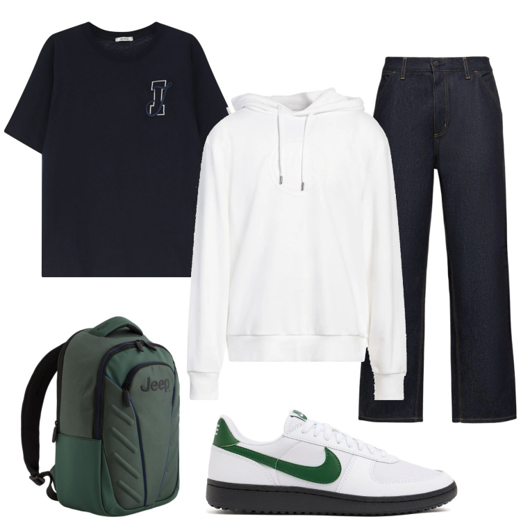 Outfit uomo - Total look #2096008. Stile Urban per Tutti i giorni. Abbinamento con felpe con cappuccio, t-shirt, sneakers, jeans, borse sportive.
