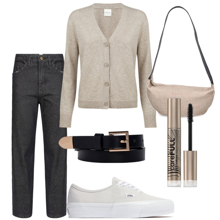 Outfit donna - Total look #2096010. Stile Basic per Tutti i giorni. Abbinamento con mascara, cardigans, pantaloni, sneakers, borse a spalla, cinture.