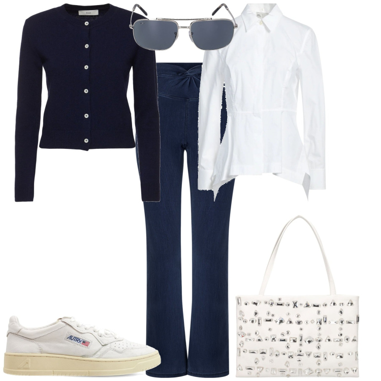 Outfit donna - Bianco e blu in ufficio. Stile Sporty chic per Ufficio. Abbinamento con camicie, jeggings, borse a spalla, occhiali da sole, cardigans, sneakers.