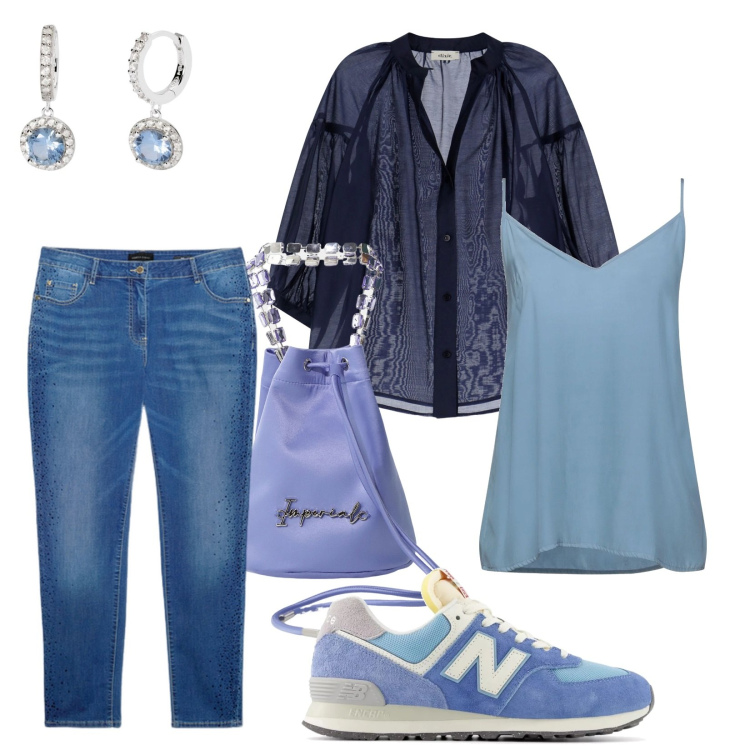 Outfit donna - Dove cielo e mare si uniscono. Stile Casual chic per Tutti i giorni. Abbinamento con top, orecchini, sneakers, borse a secchiello, camicie, jeans skinny.