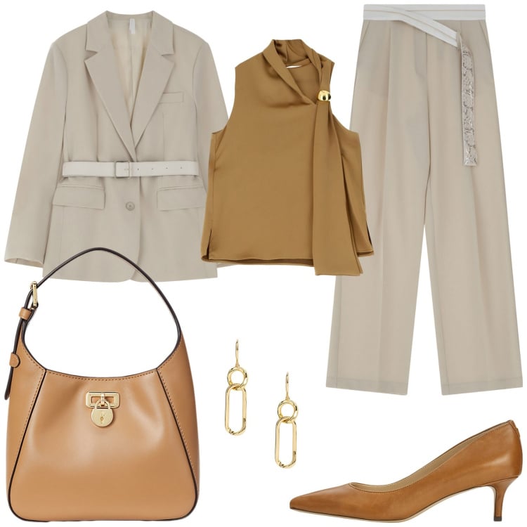 Outfit donna - Take off Imperial - look ufficio. Stile Sporty chic per Ufficio. Abbinamento con top, pantaloni, blazer, décolleté, borse a tracolla, orecchini.