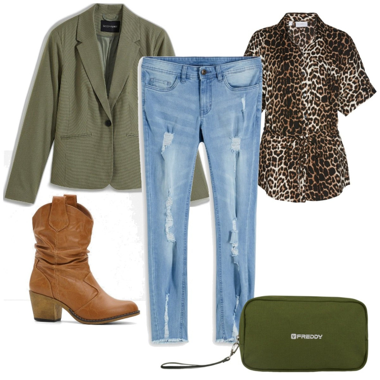 Outfit donna - Total look #2096031. Stile Trendy per Tutti i giorni. Abbinamento con stivaletti texani, blazer, jeans strappati, camicie a manica corta, valigie.