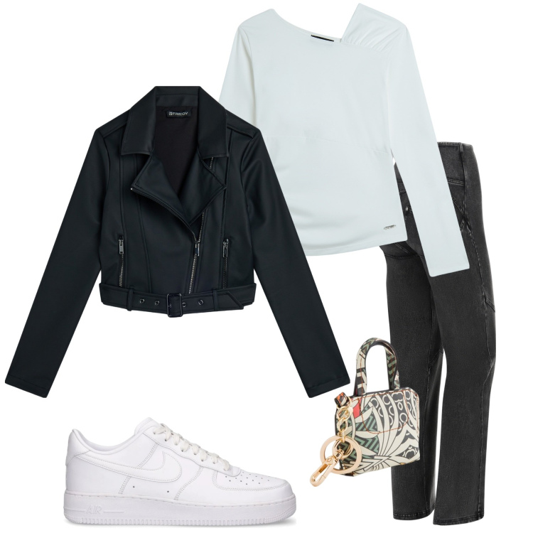 Outfit donna - Basic style. Stile Basic per Tutti i giorni. Abbinamento con giacche, jeans, maglieria, sneakers, portachiavi.