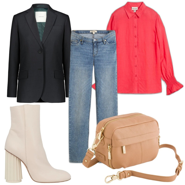 Outfit donna - Total look #2096038. Stile Trendy per Tutti i giorni. Abbinamento con jeans dritti, camicie, stivaletti, blazer, borse a tracolla.