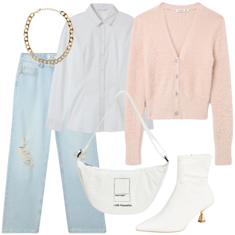 Outfit donna - Colori tenui. Stile Casual per Scuola/Università. Abbinamento con marsupi, stivaletti, jeans strappati, collane, cardigans, camicie.