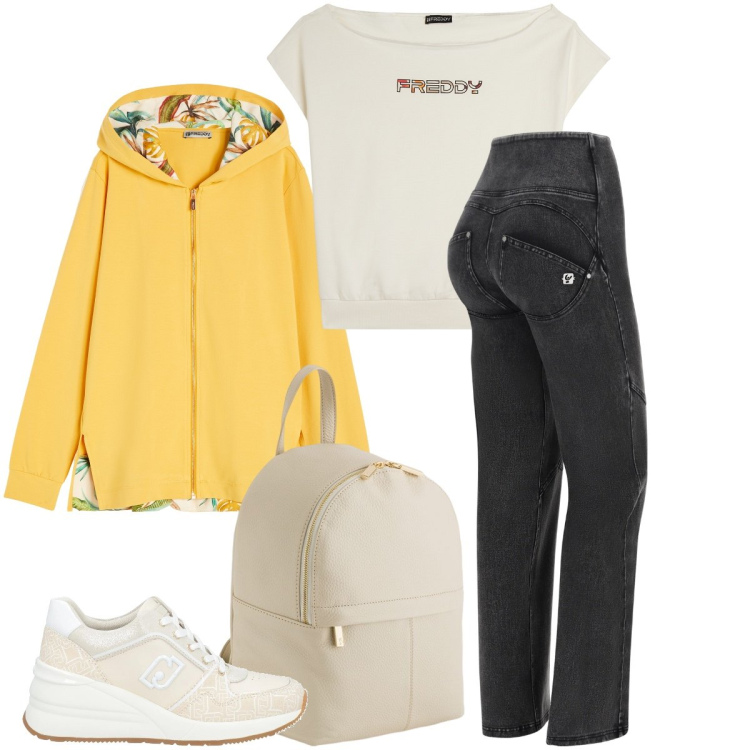 Outfit donna - Freddy style. Stile Sporty chic per Sport. Abbinamento con sneakers, jeans, t-shirt, felpe con cappuccio, zaini.
