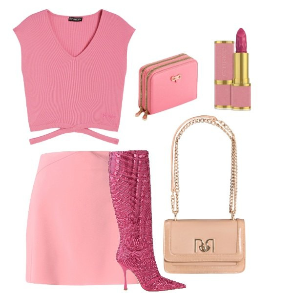 Outfit donna - primavera in rosa. Stile Glamour per Tutti i giorni. Abbinamento con stivali, rossetti, minigonne, borse a tracolla, t-shirt, portafogli.