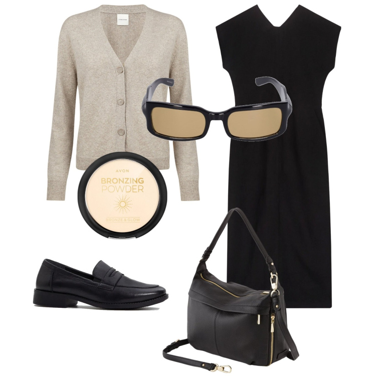 Outfit donna - Total look #2096078. Stile Basic per Ufficio. Abbinamento con mocassini, terre, cardigans, vestiti lunghi, borse a tracolla, occhiali da sole.